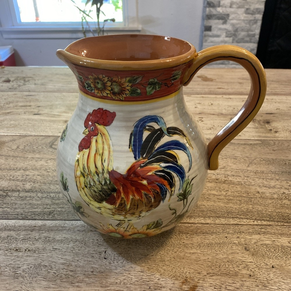 LARGE FARM COUNTRY 4 QT PITCHER, ROOSTER COLORFUL, GALLO HOME DECOR SUNFLOWERS